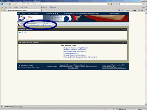 Screen shot of Portal Home page with Provider Inquiry Mail System tab